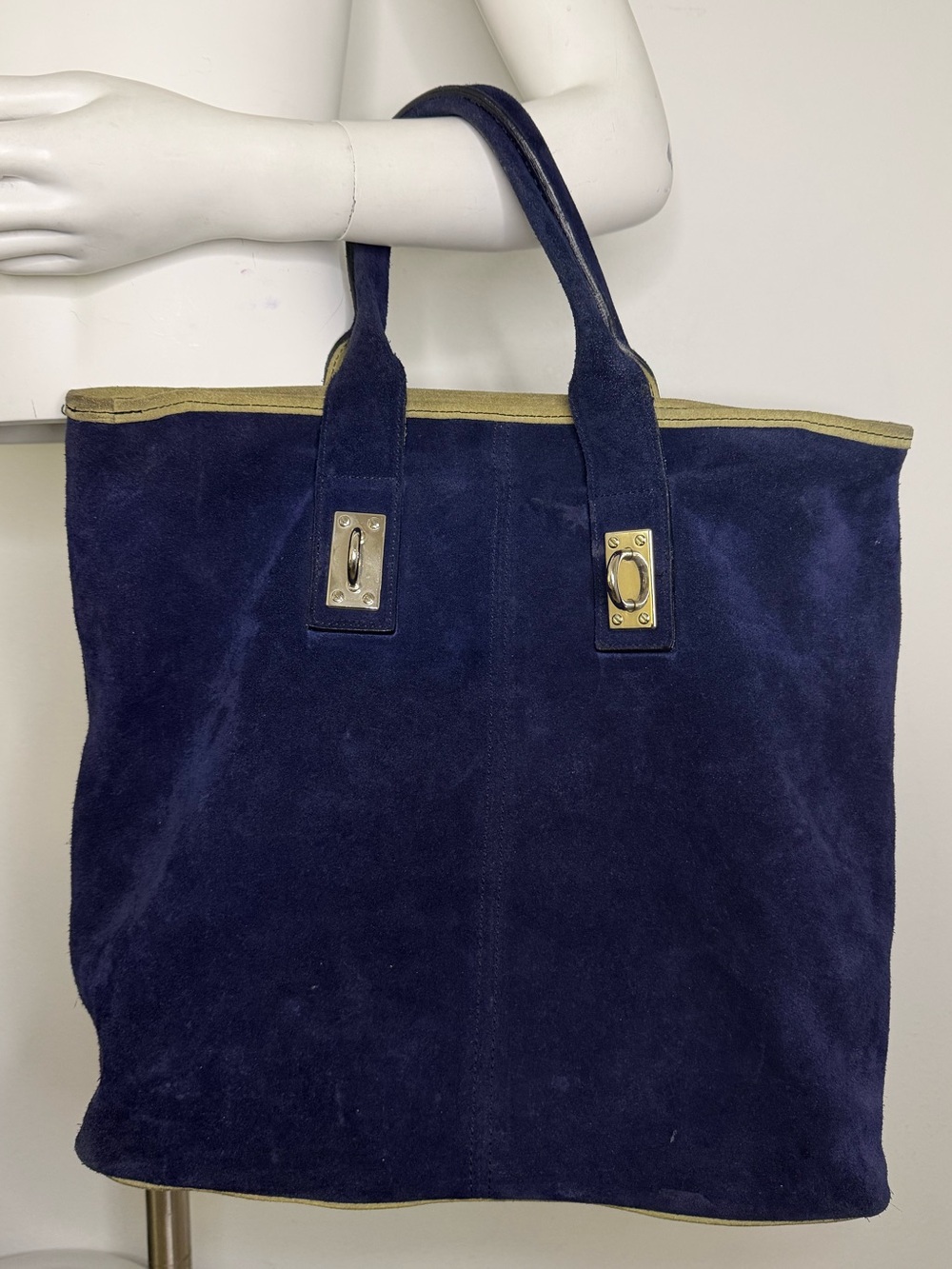 Pulicati Navy Leather-Trimmed Tote with Olive Accents